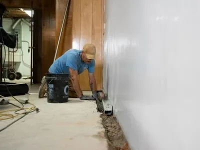 crew member installing interior drainage in a basement