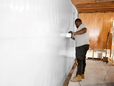 crew member attaching a vapor barrier to a basement wall